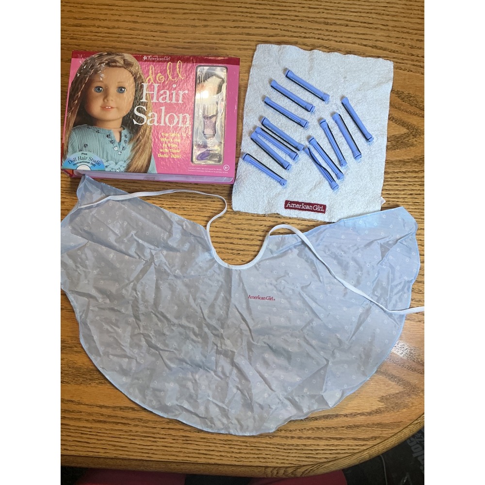 American Girl Doll Hair Salon Studio Set DVD Cape Towel Rollers Brush Spray